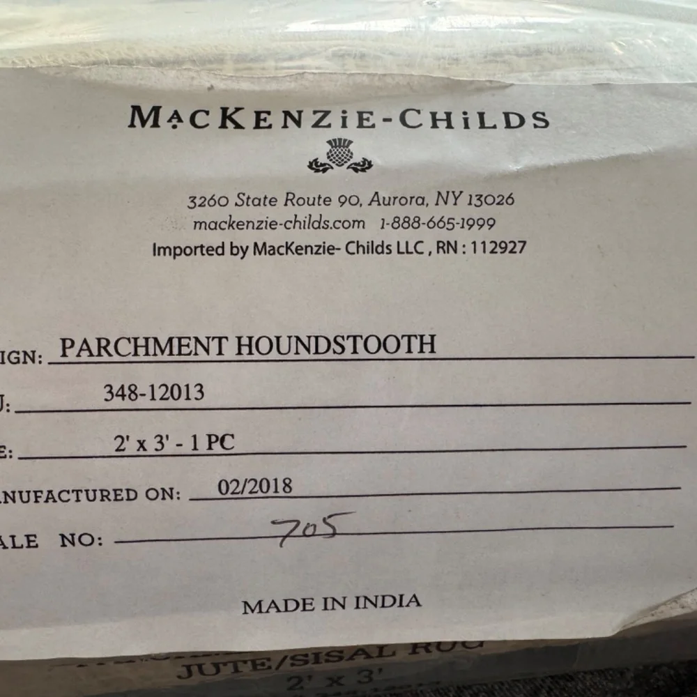 Retired MacKenzie Childs Retired Parchment Check Jute/Sisal Rug 2’ x 3’ NIB